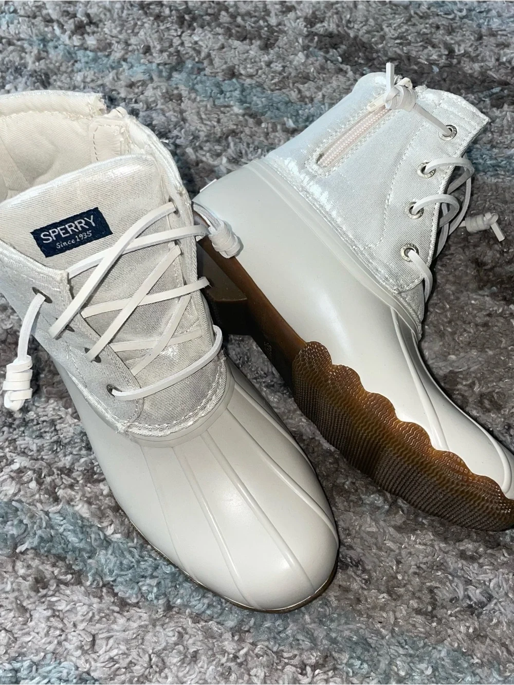 NWOT Sperry Girl’s Shimmer Light Cream/White Waterproof Duck Boots - Lace-Up